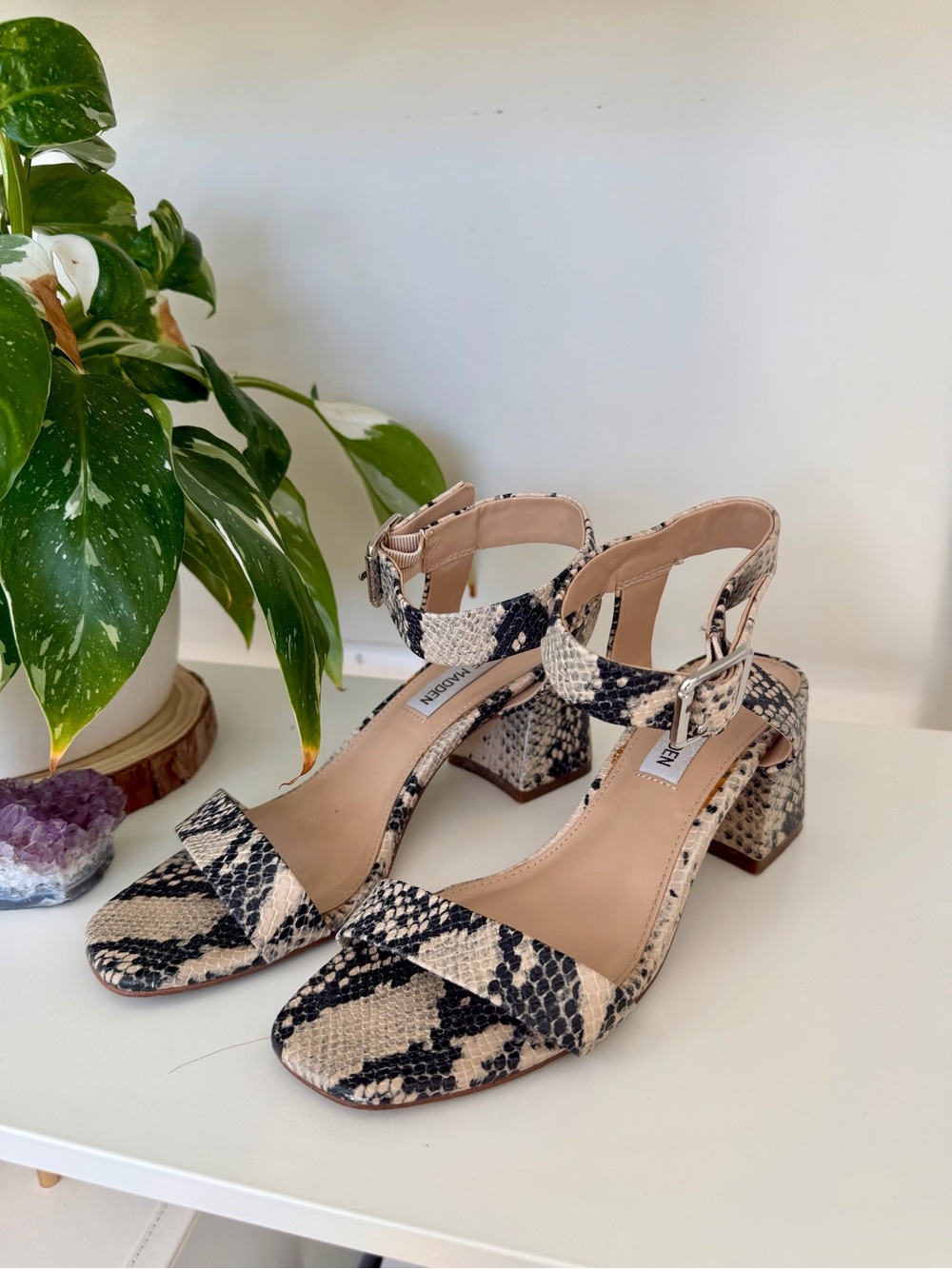 Steve Madden Block Heel Ankle-Strap Sandals in Neutral Snake Print